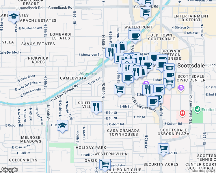 map of restaurants, bars, coffee shops, grocery stores, and more near 6804 East 2nd Street in Scottsdale