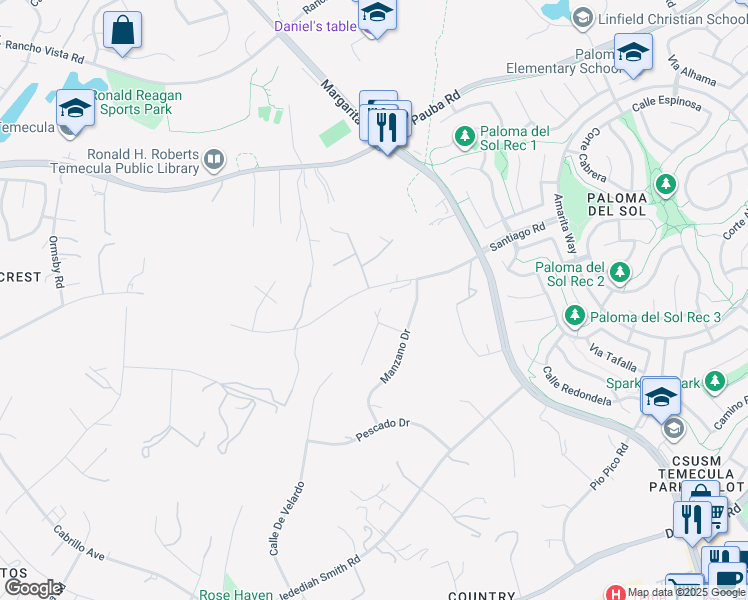 map of restaurants, bars, coffee shops, grocery stores, and more near 31150 Mariposa Place in Temecula