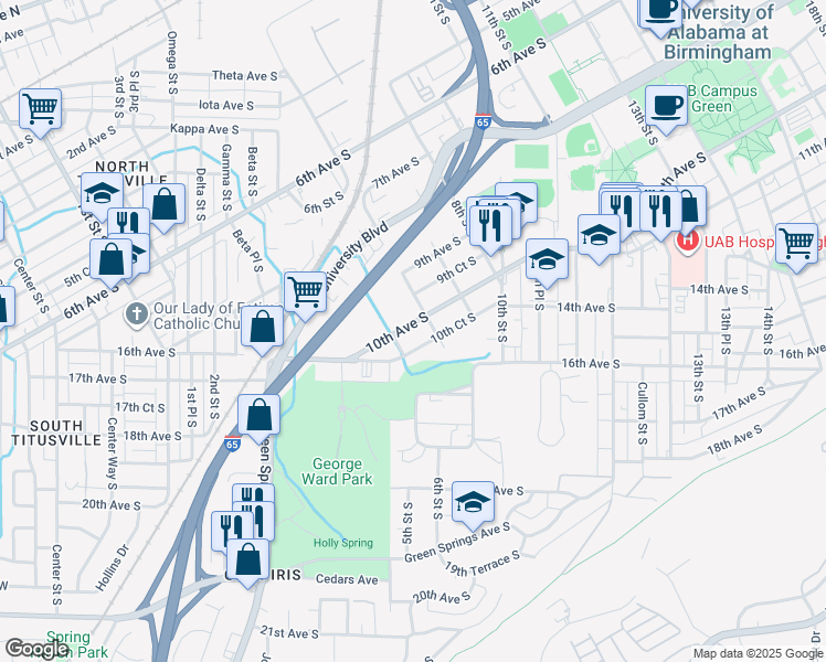map of restaurants, bars, coffee shops, grocery stores, and more near 512 10th Court South in Birmingham