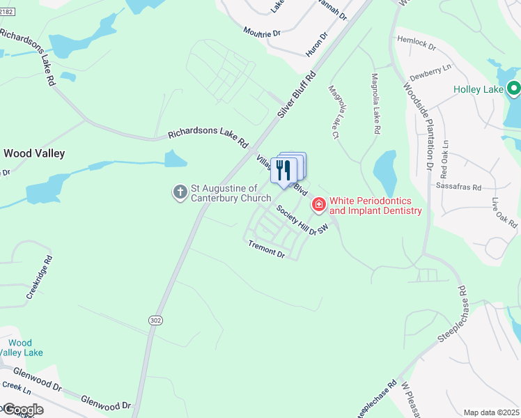 map of restaurants, bars, coffee shops, grocery stores, and more near 227 Coach Light Way Southwest in Aiken