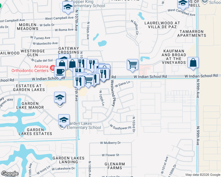map of restaurants, bars, coffee shops, grocery stores, and more near 10557 West Dana Lane in Avondale