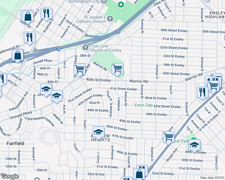 map of restaurants, bars, coffee shops, grocery stores, and more near 1143 41st Street Ensley in Birmingham