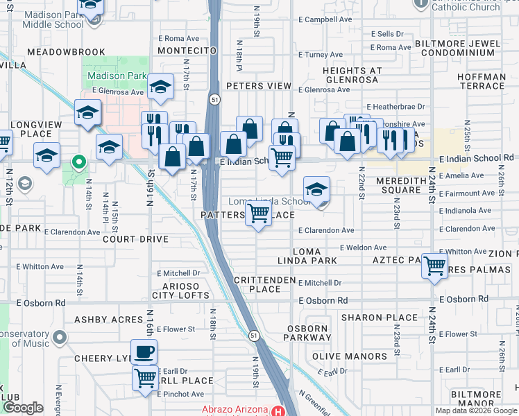 map of restaurants, bars, coffee shops, grocery stores, and more near 3901 North 19th Street in Phoenix