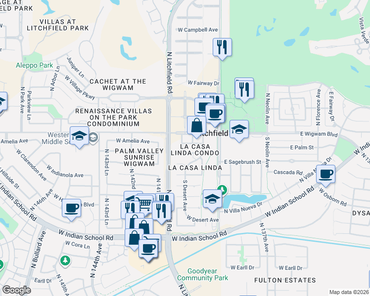 map of restaurants, bars, coffee shops, grocery stores, and more near 255 West Tainter Drive in Litchfield Park