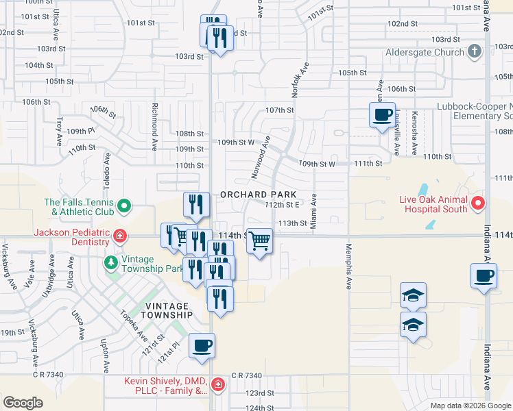 map of restaurants, bars, coffee shops, grocery stores, and more near 4008 113th Street in Lubbock