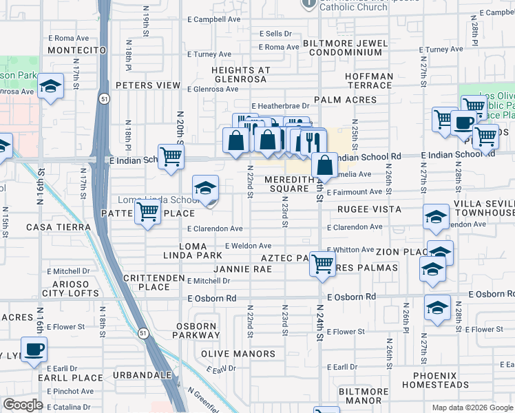 map of restaurants, bars, coffee shops, grocery stores, and more near 2221 East Indianola Avenue in Phoenix