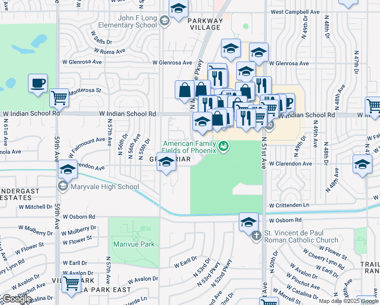 map of restaurants, bars, coffee shops, grocery stores, and more near 3810 North Maryvale Parkway in Phoenix