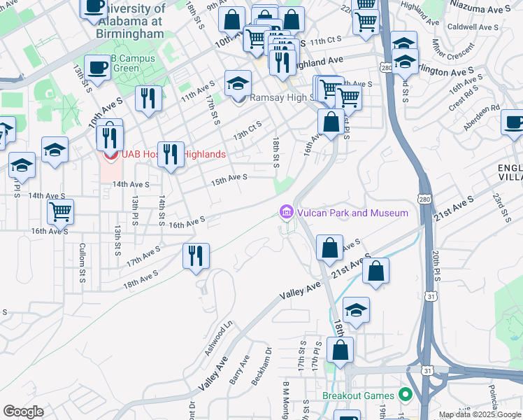 map of restaurants, bars, coffee shops, grocery stores, and more near 1707 16th Avenue South in Birmingham