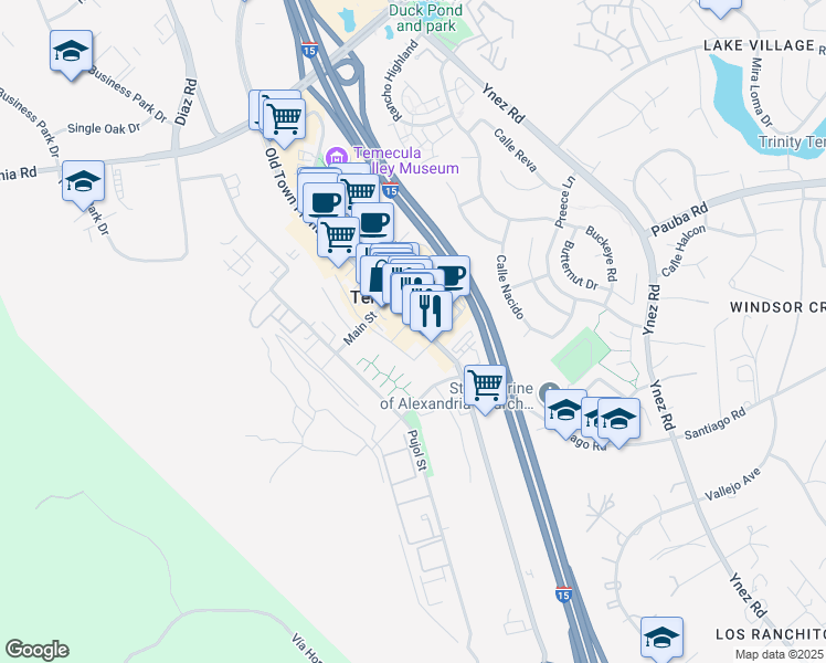 map of restaurants, bars, coffee shops, grocery stores, and more near 28693 Old Town Front Street in Temecula