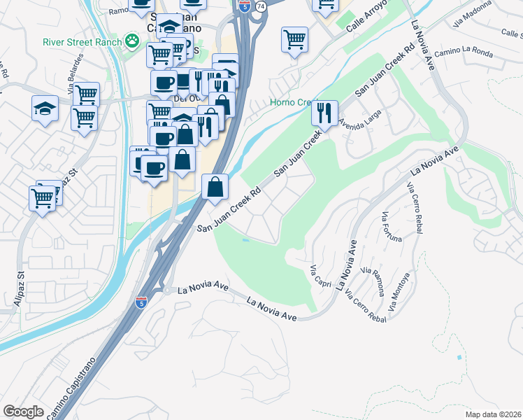 map of restaurants, bars, coffee shops, grocery stores, and more near 27111 Calle Caballero in San Juan Capistrano