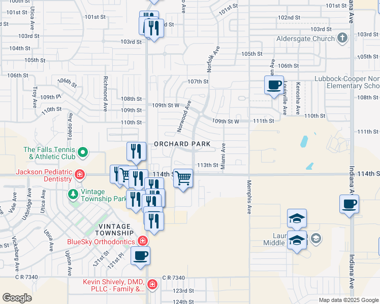 map of restaurants, bars, coffee shops, grocery stores, and more near 3115 112th Street in Lubbock