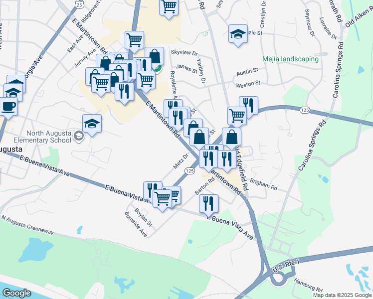 map of restaurants, bars, coffee shops, grocery stores, and more near 476 Metz Drive in North Augusta