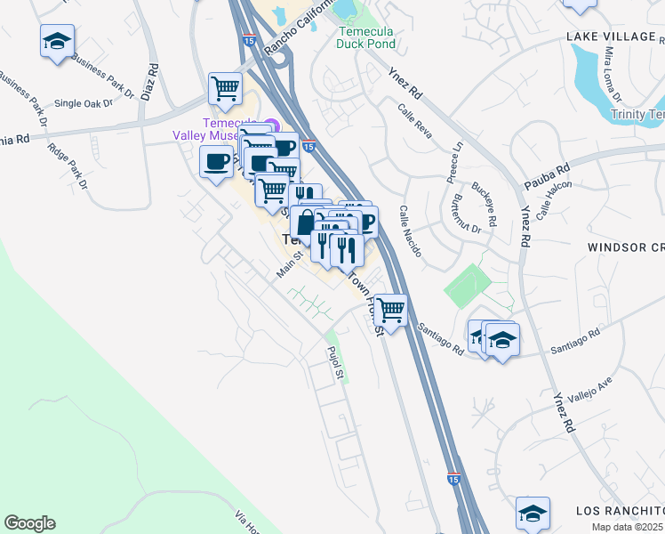 map of restaurants, bars, coffee shops, grocery stores, and more near 28693 Old Town Front Street in Temecula