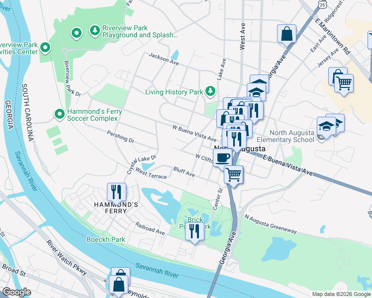 map of restaurants, bars, coffee shops, grocery stores, and more near 308 West Clifton Avenue in North Augusta