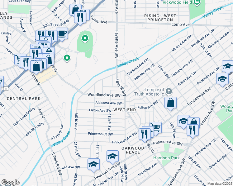 map of restaurants, bars, coffee shops, grocery stores, and more near 1824 Woodland Avenue Southwest in Birmingham