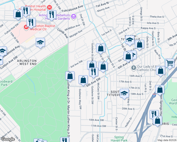 map of restaurants, bars, coffee shops, grocery stores, and more near 409 Goldwire Circle Southwest in Birmingham