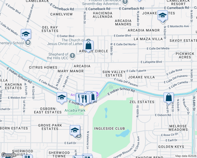 map of restaurants, bars, coffee shops, grocery stores, and more near 5702 East Calle Camelia in Phoenix
