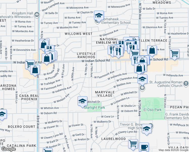 map of restaurants, bars, coffee shops, grocery stores, and more near 3831 North 79th Avenue in Phoenix