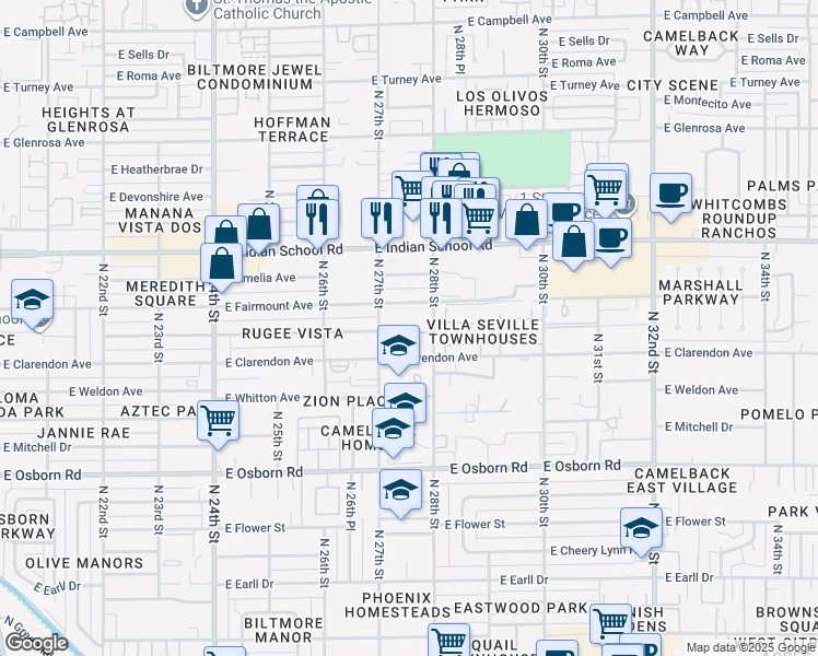 map of restaurants, bars, coffee shops, grocery stores, and more near 3822 North 28th Street in Phoenix
