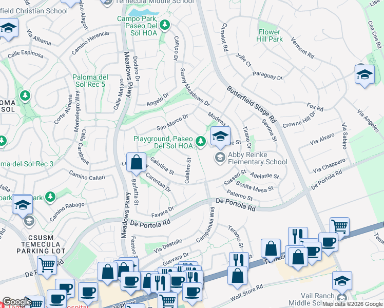 map of restaurants, bars, coffee shops, grocery stores, and more near 43764 Calabro Street in Temecula