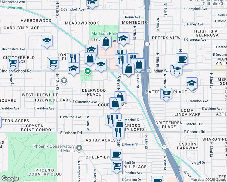 map of restaurants, bars, coffee shops, grocery stores, and more near 1535 East Indianola Avenue in Phoenix
