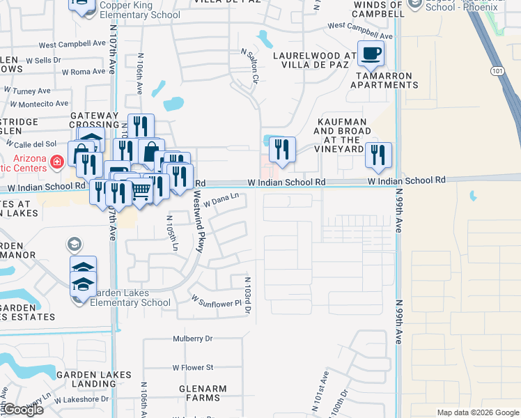 map of restaurants, bars, coffee shops, grocery stores, and more near 3743 North 103rd Drive in Avondale
