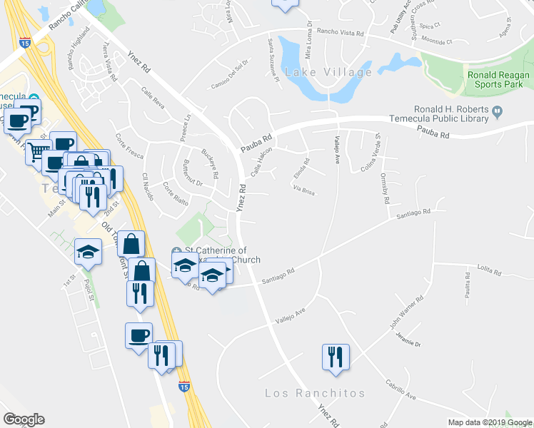 map of restaurants, bars, coffee shops, grocery stores, and more near 29960 Vía Serrito in Temecula