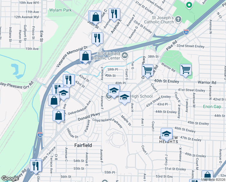 map of restaurants, bars, coffee shops, grocery stores, and more near 748 41st Street Ensley in Fairfield