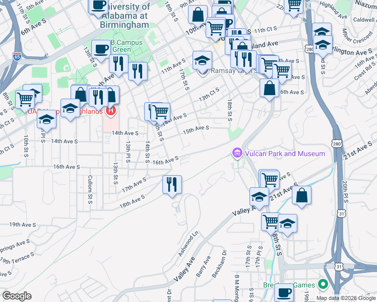 map of restaurants, bars, coffee shops, grocery stores, and more near 1615 16th Avenue South in Birmingham
