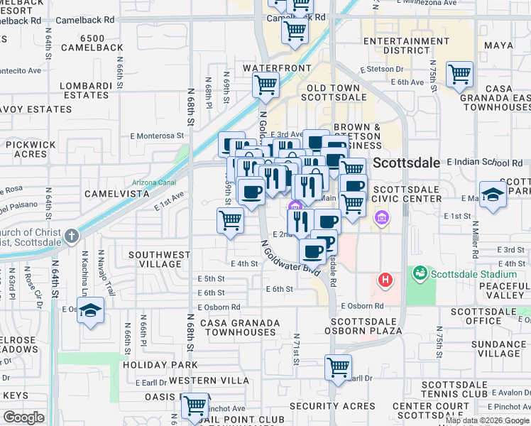 map of restaurants, bars, coffee shops, grocery stores, and more near in Scottsdale