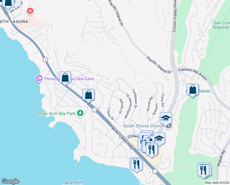 map of restaurants, bars, coffee shops, grocery stores, and more near 32432 7 Seas Drive in Dana Point