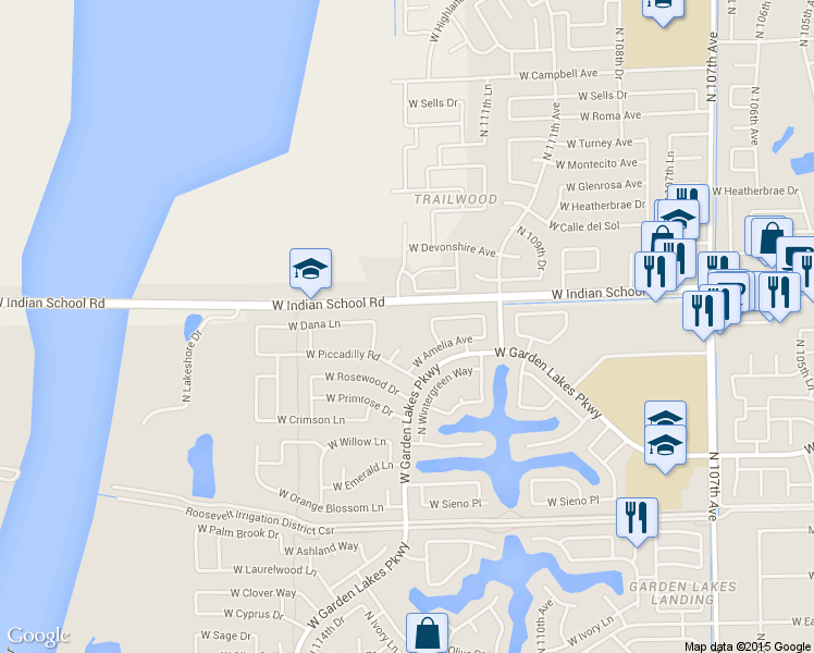 map of restaurants, bars, coffee shops, grocery stores, and more near 11301 West Indian School Road in Avondale