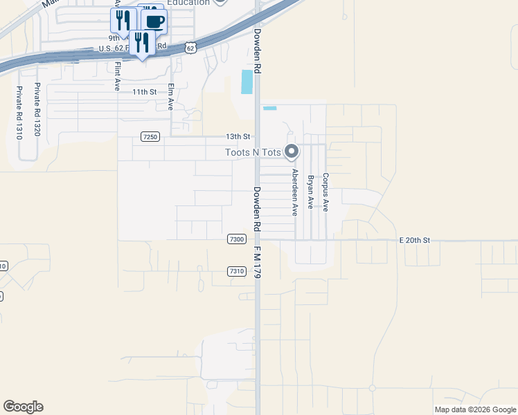 map of restaurants, bars, coffee shops, grocery stores, and more near 321 E 18th St in Wolfforth