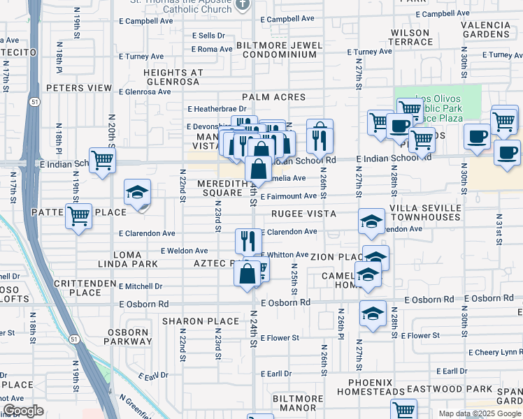map of restaurants, bars, coffee shops, grocery stores, and more near 2429 East Indianola Avenue in Phoenix
