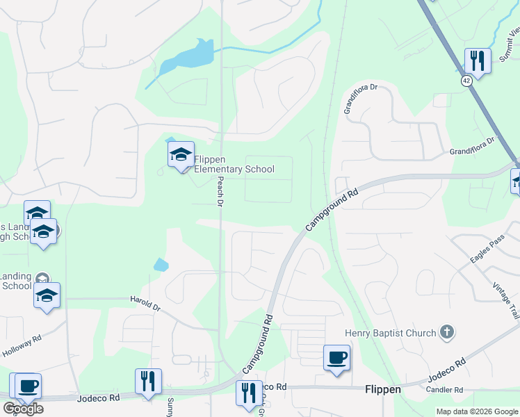 map of restaurants, bars, coffee shops, grocery stores, and more near 145 Earlygold Street in McDonough
