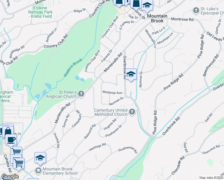 map of restaurants, bars, coffee shops, grocery stores, and more near 17 Winthrop Avenue in Birmingham