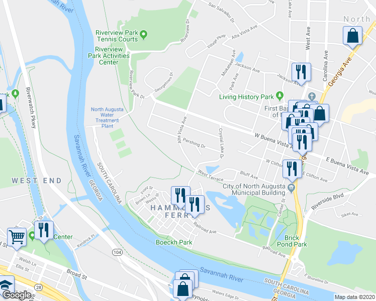 map of restaurants, bars, coffee shops, grocery stores, and more near 121 Alta Vista Avenue in North Augusta