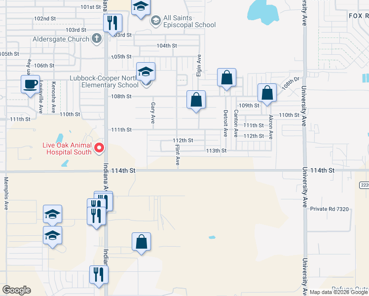 map of restaurants, bars, coffee shops, grocery stores, and more near 3101 113th Street in Lubbock