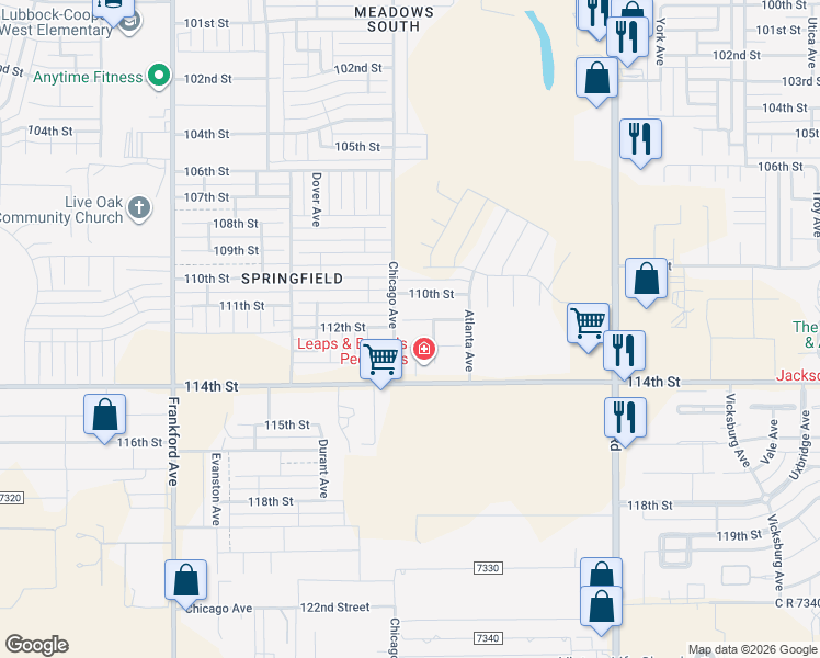 map of restaurants, bars, coffee shops, grocery stores, and more near 5502 113th Street in Lubbock