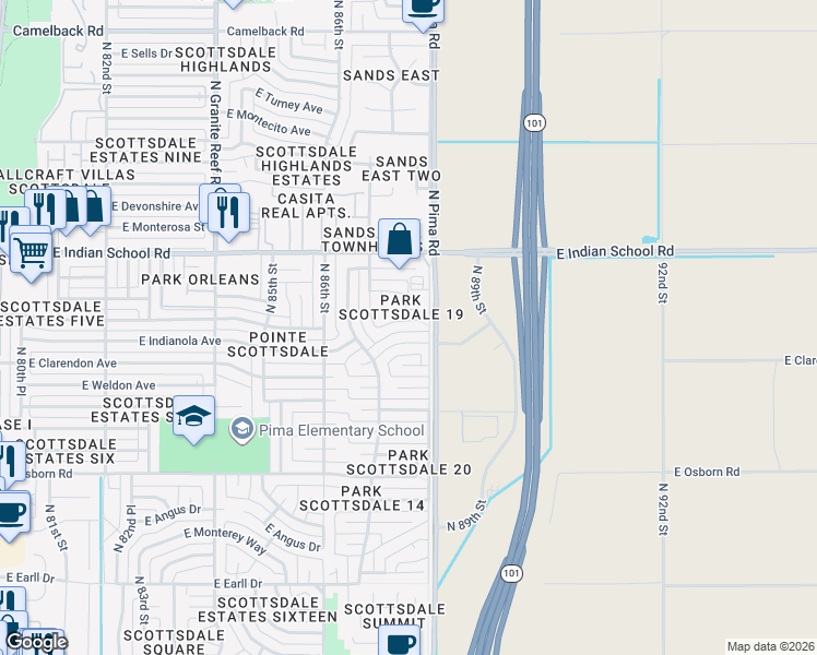 map of restaurants, bars, coffee shops, grocery stores, and more near 8744 East Clarendon Avenue in Scottsdale