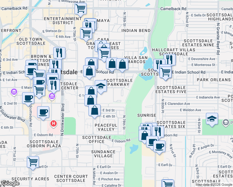 map of restaurants, bars, coffee shops, grocery stores, and more near 7777 East Main Street in Scottsdale