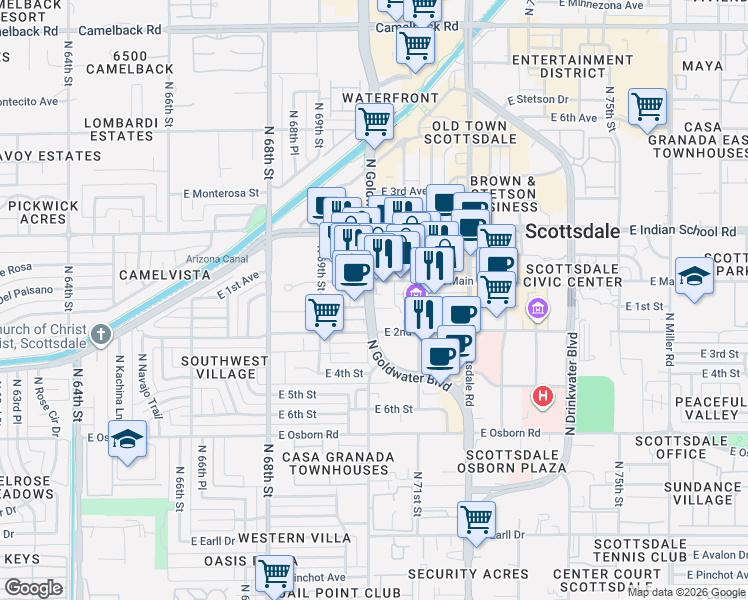 map of restaurants, bars, coffee shops, grocery stores, and more near in Scottsdale