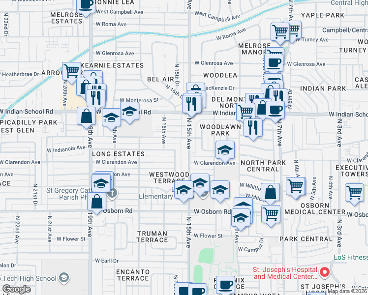 map of restaurants, bars, coffee shops, grocery stores, and more near 3828 North 15th Avenue in Phoenix