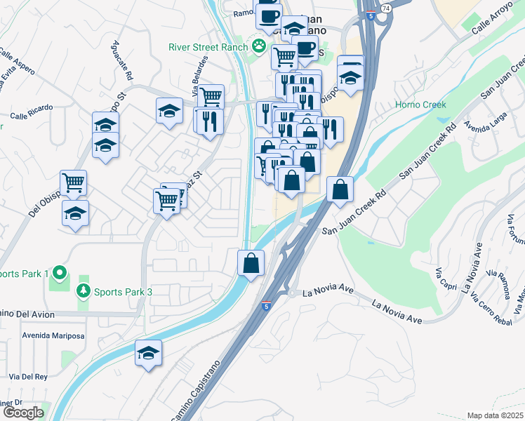 map of restaurants, bars, coffee shops, grocery stores, and more near 32400 Paseo Adelanto in San Juan Capistrano