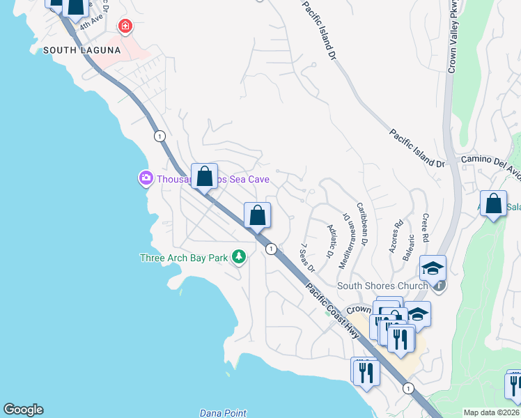 map of restaurants, bars, coffee shops, grocery stores, and more near 32421 Via Antibes in Dana Point