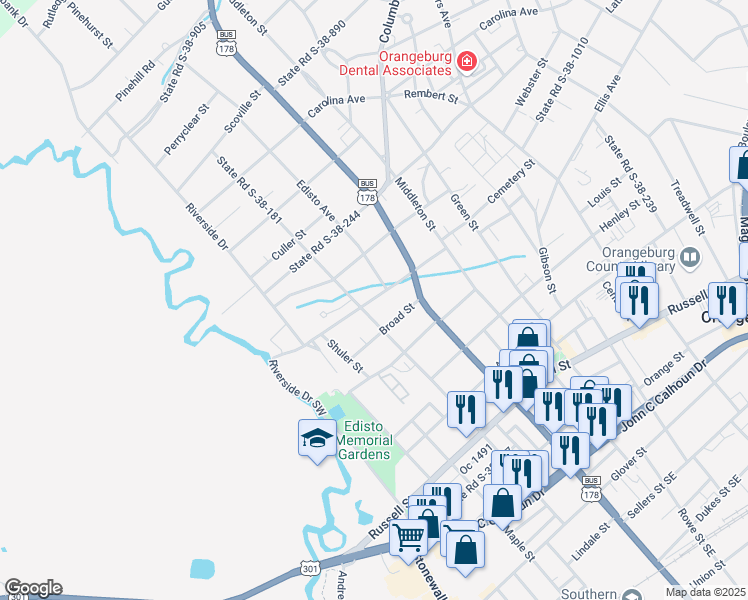 map of restaurants, bars, coffee shops, grocery stores, and more near 182 Broad Street in Orangeburg