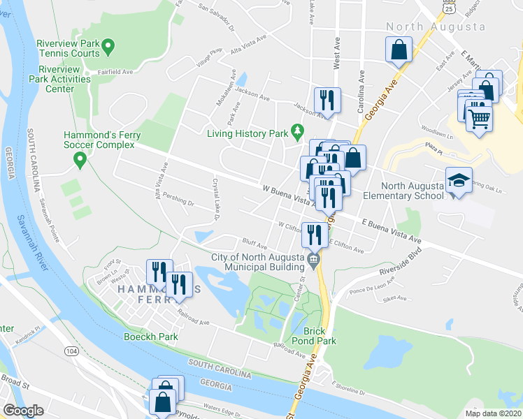 map of restaurants, bars, coffee shops, grocery stores, and more near 308 West Clifton Avenue in North Augusta