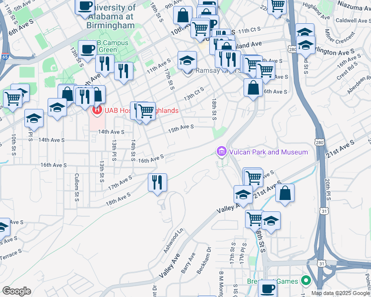 map of restaurants, bars, coffee shops, grocery stores, and more near 1615 16th Avenue South in Birmingham