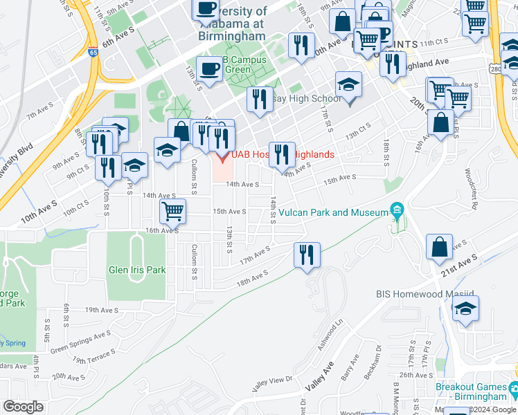 map of restaurants, bars, coffee shops, grocery stores, and more near 1510 14th Street South in Birmingham