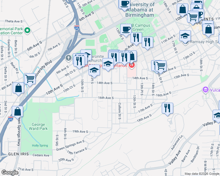 map of restaurants, bars, coffee shops, grocery stores, and more near 1428 11th Place South in Birmingham